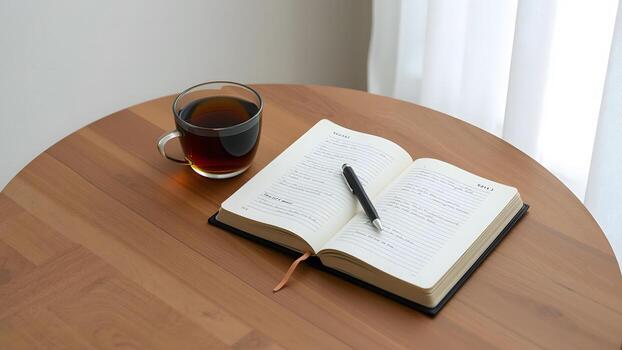A tidy wooden desk with a journal, a warm drink and a small plant arranged for a calm evening routine